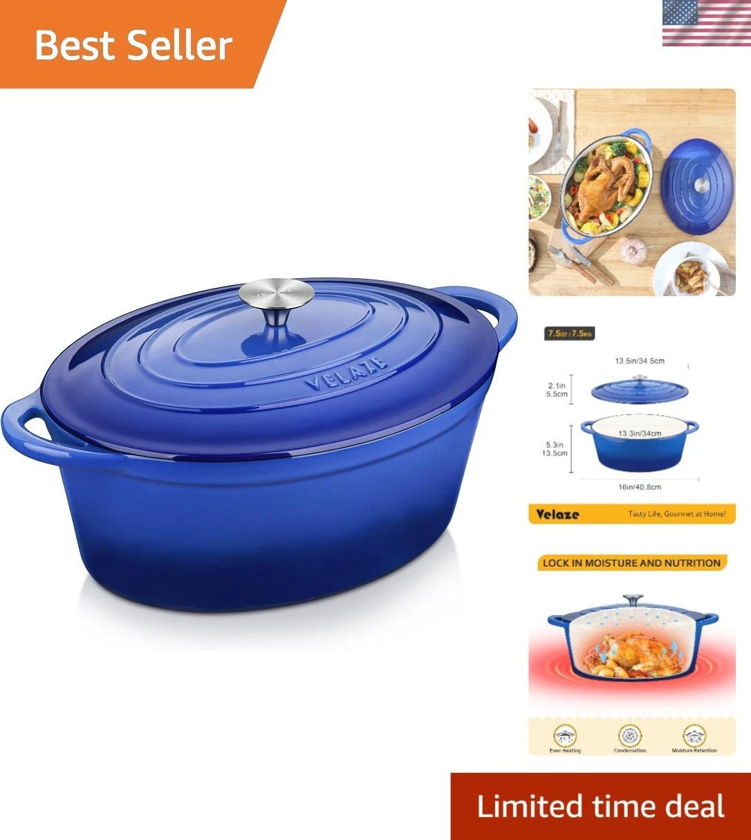 7.5 QT Enameled Oval Dutch Oven Pot with Lid, Cast Iron Dutch Oven with Dual ...
