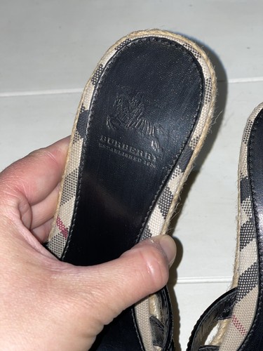 BURBERRY BLACK PATENT LEATHER WEDGE HEEL SLIDES SANDALS Sz 38 NOVA AUTHENTIC - Picture 8 of 14