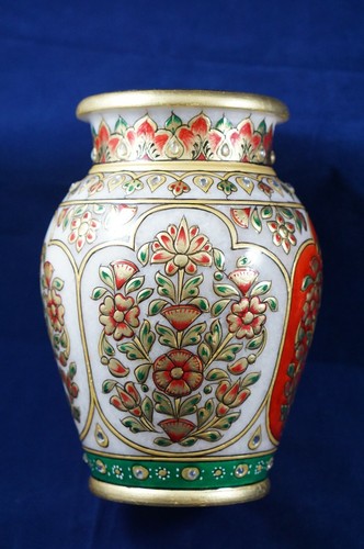 7" Marble Vase Flower Pot Handicraft Meenakari Stone Hand Painted Indian Art - Picture 2 of 9