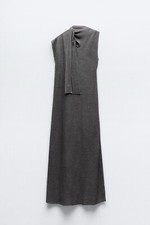 ZARA  GREY KNIT Asymmetric Sleeveless DRESS WITH KNOT  SIZE S 