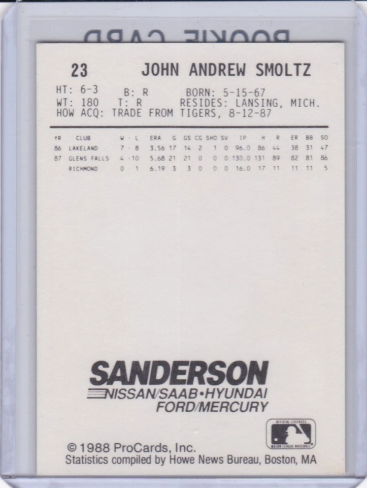 JOHN SMOLTZ ROOKIE CARD 1988 ProCards RARE $$ RC Richmond Atlanta Braves HOFer! - Image 2 of 2
