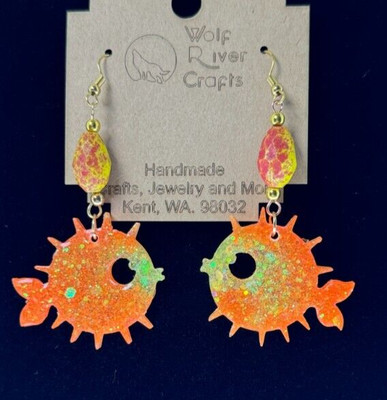 Sparkly Orange and Yellow Resin Puffer Fish Earrings