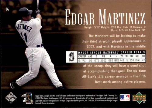 2002 pièce d'histoire du pont supérieur #14 Edgar Martinez SEATTLE MARINS - Photo 2 sur 2