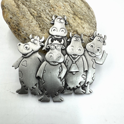 JJ Jonette Brooch Pewter Vintage 1988 Happy Cows Farm Animal