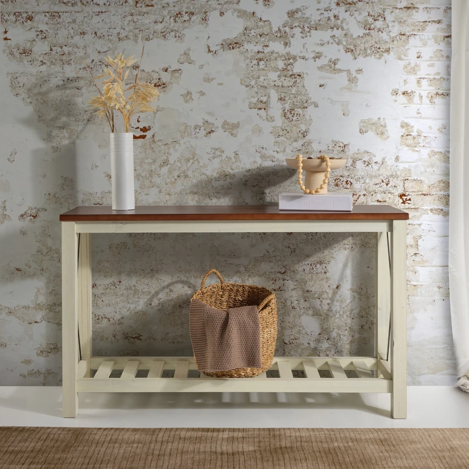 Cottage Sideboard Hall Table Console White Solid Pine Walnut Top H81xW132xD36cm - Image 2 of 4