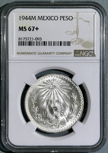 Mexico 1944M Silver 1 Un Peso Pure White Choice BU Coin NGC MS67+ 2nd Finest 6/6