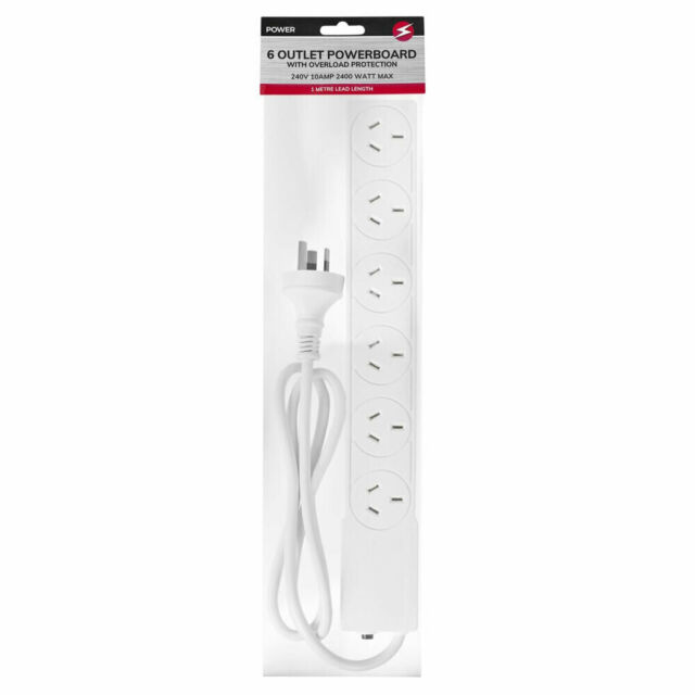 Power 6 Socket Outlet Extension Powerboard 1m Lead/Cord Power Strip/Board White