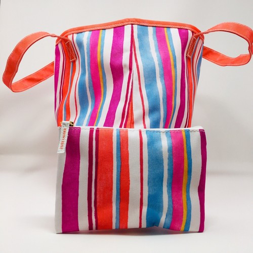 New 2 Piece Set Tote and Small Zip Bag Shopper Carryall Rainbow Stripes - Picture 10 of 11
