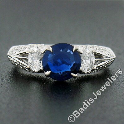 Simon G. White Gold GIA Burma NO HEAT Round Sapphire w/ Diamond Engagement Ring