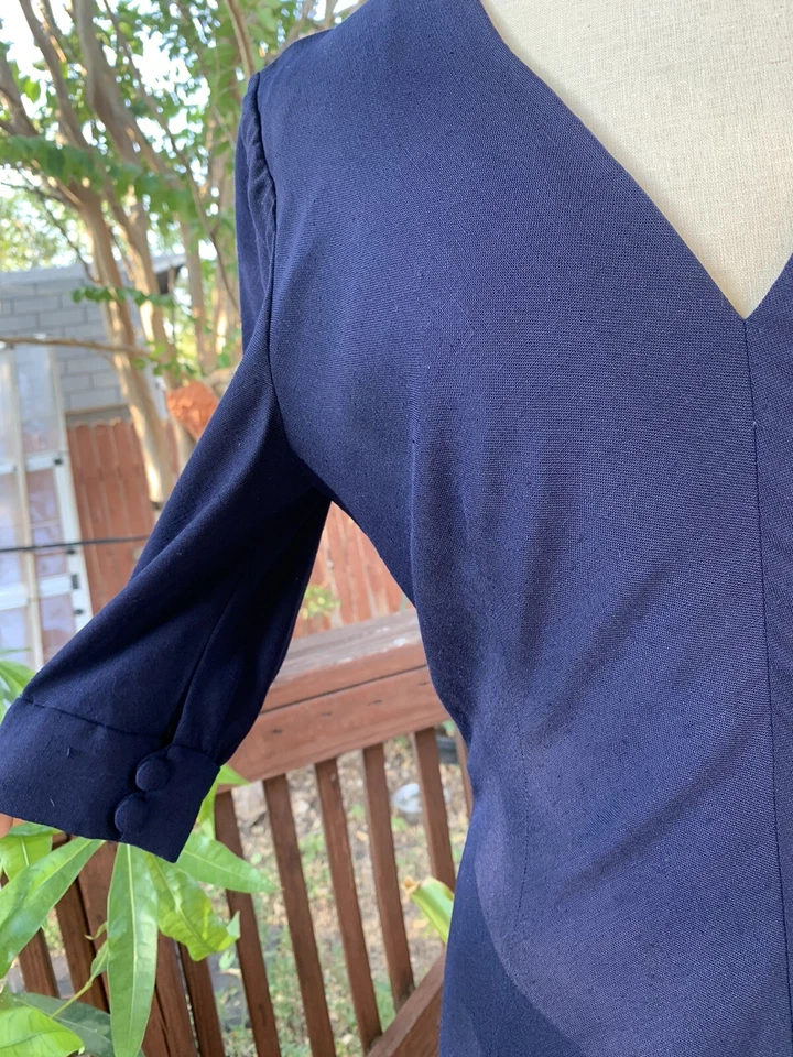 Vestido Vintage Años 70 Pauline Trigere Azul Marino Lino Neiman Marcus Talla 10 Foto 3 de 4