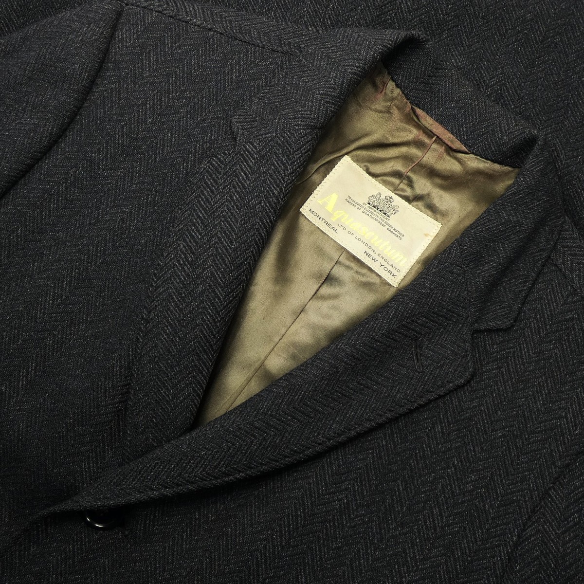 Vintage Aquascutum London Trench Coat Black Gray Herringbone Tweed 40 R