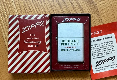 VINTAGE 1950s ZIPPO LIGHTER HUBBARD DRILLING NEVER USED IN CANDY STRIPE BOX