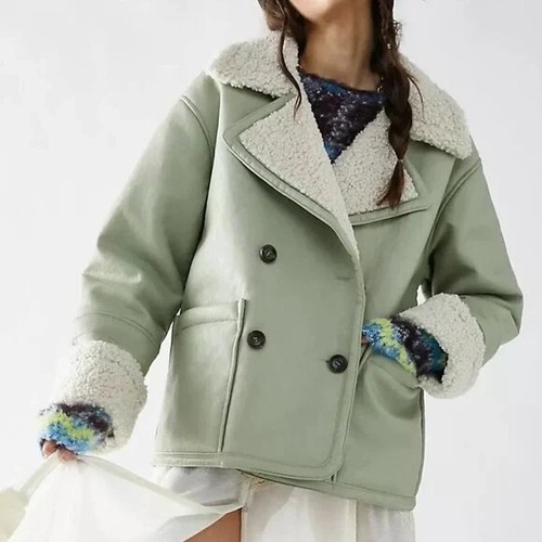 Free People Kaja Vegan Leather Oversize Peacoat Jacket, Green, Medium, RRP $228