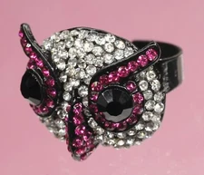Purple Crystal Owl Head Bird Cocktail Ring Adjustable Size