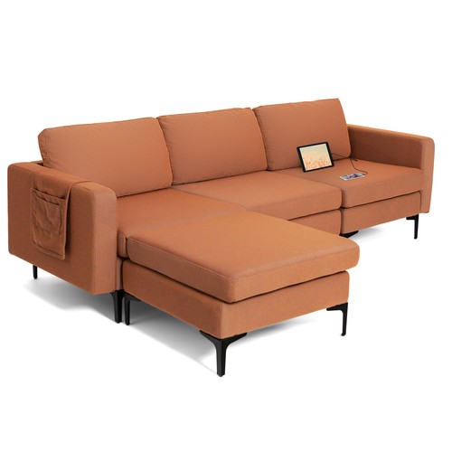 Modular L-shaped Sectional Sofa w/ Seat Cushion & Socket & 2 UBS Ports Orange