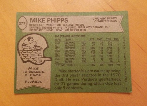Oso Topps Mike Phipps 1978 #377 - Imagen 2 de 2