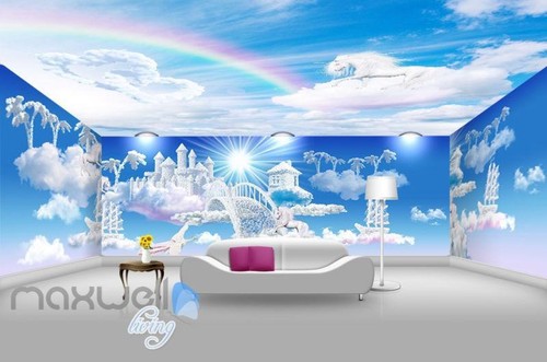 3D Clouds Castle Fantacy Unicorn Wall Mural Wallpaper Paper Art Print Decor - Picture 2 of 8