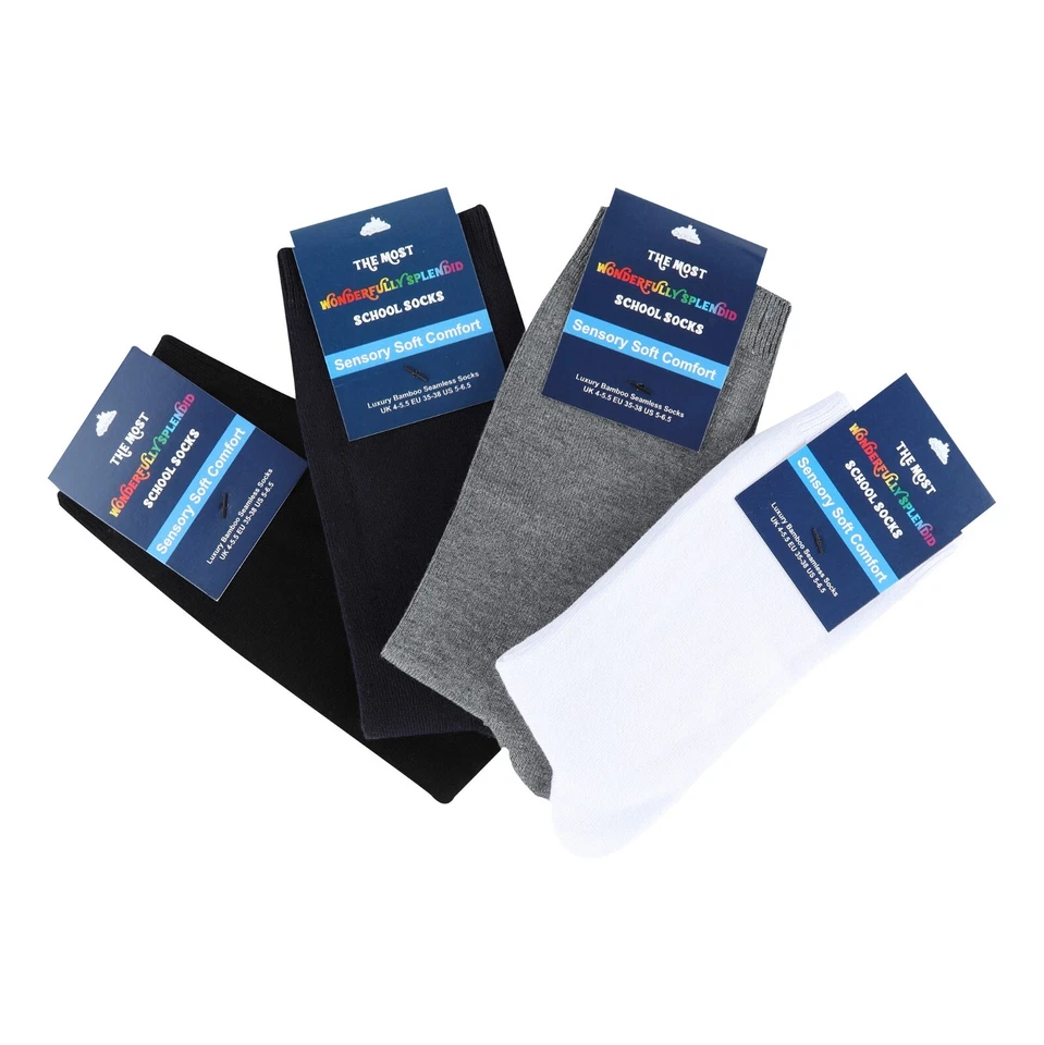CITY OF CLOUDS Seamless Comfort Sensory Soft Luxury Kids School Socks Navy Black White Grey