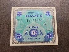 1944 France 5 Cinq Francs Military Payment Certificate MPC Currency