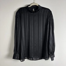Ann Taylor Top Women's XL Black Striped Mock Neck Popover Blouse Lined Career