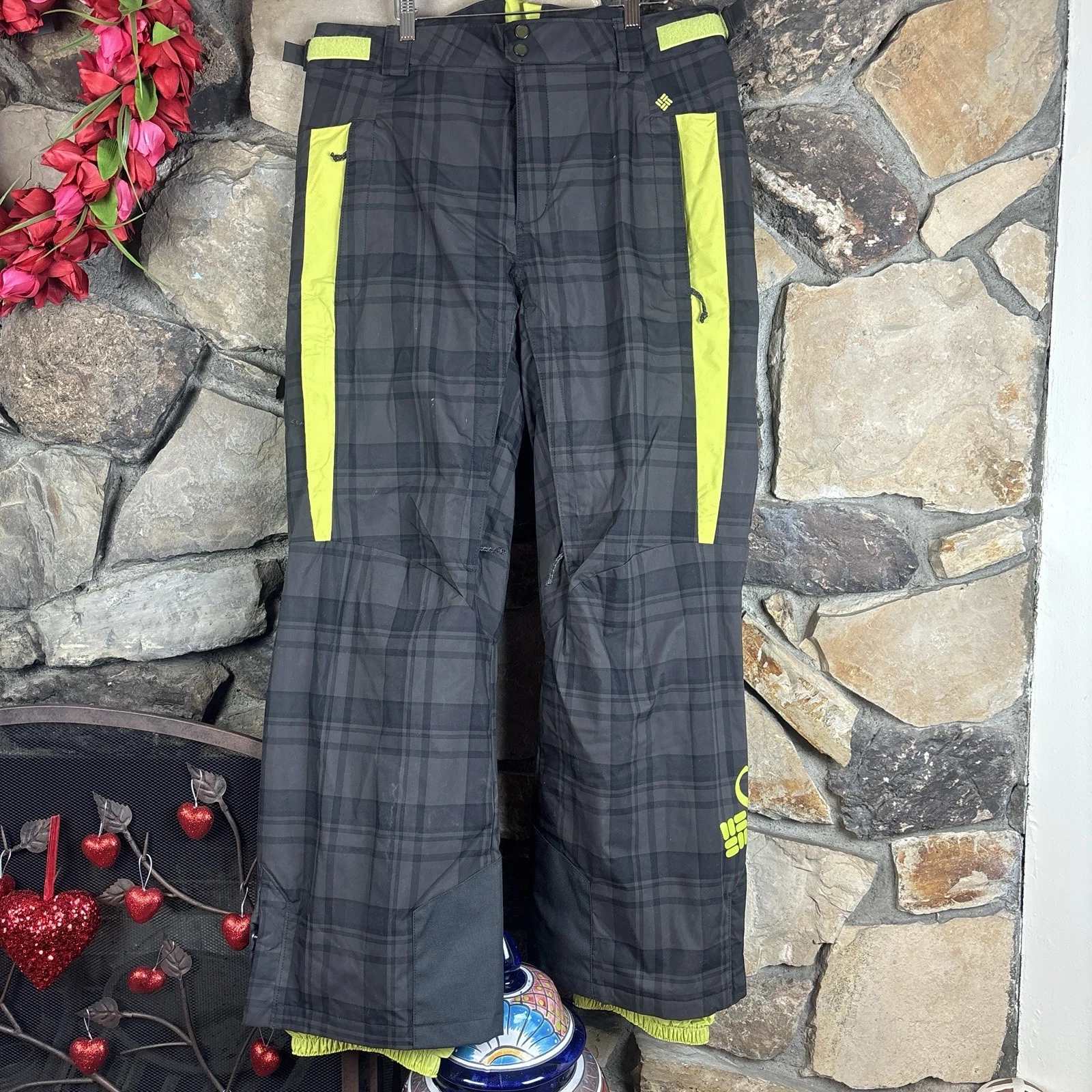 Columbia Snow Ski Pants Mens Large Grey Green Bugaboo Omni Tech Checkered