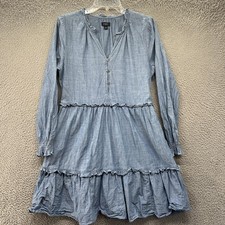 J Crew Dress Womens 6 Blue Chambray Ruffle Tiered Long Sleeve Cotton Casual