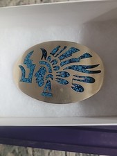 Vtg Ethnic Alpaca Silver Inlaid Crushed Turquoise Indian Head Belt Buckle Wear