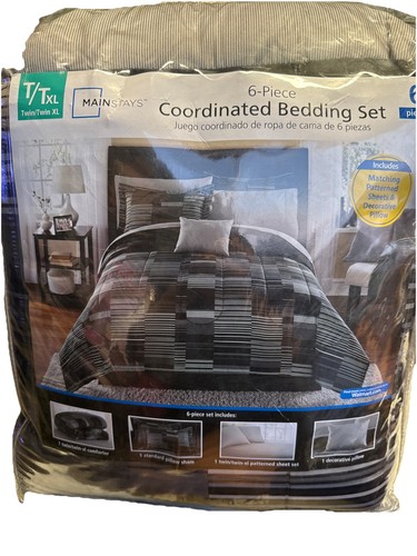 New - Mainstays 6-Piece Coordinated Bedding Set - Twin / Twin XL - Modern Black - Picture 2 of 7