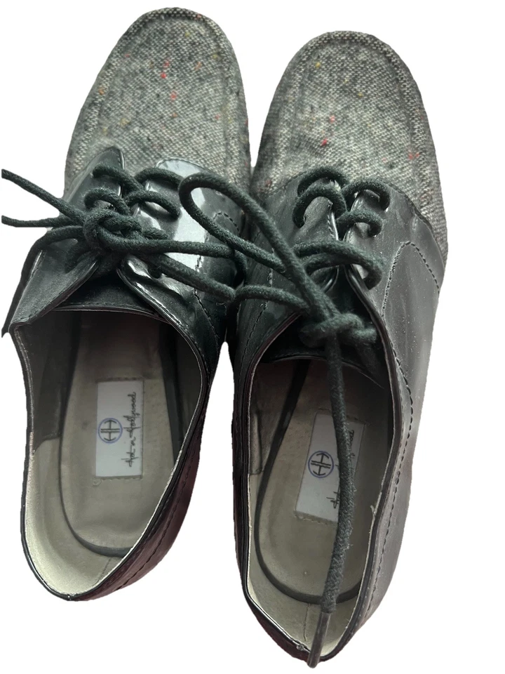 Womens Round Toe Block Heel Oxford Lace Up Shoes Black Tweed Fabric & - Image 4 of 4