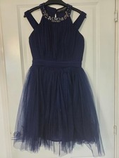 LITTLE MISTRESS NAVY BLUE EMBELLISHED SILVER BEAD GEM TRIM TULLE PROM DRESS - 10