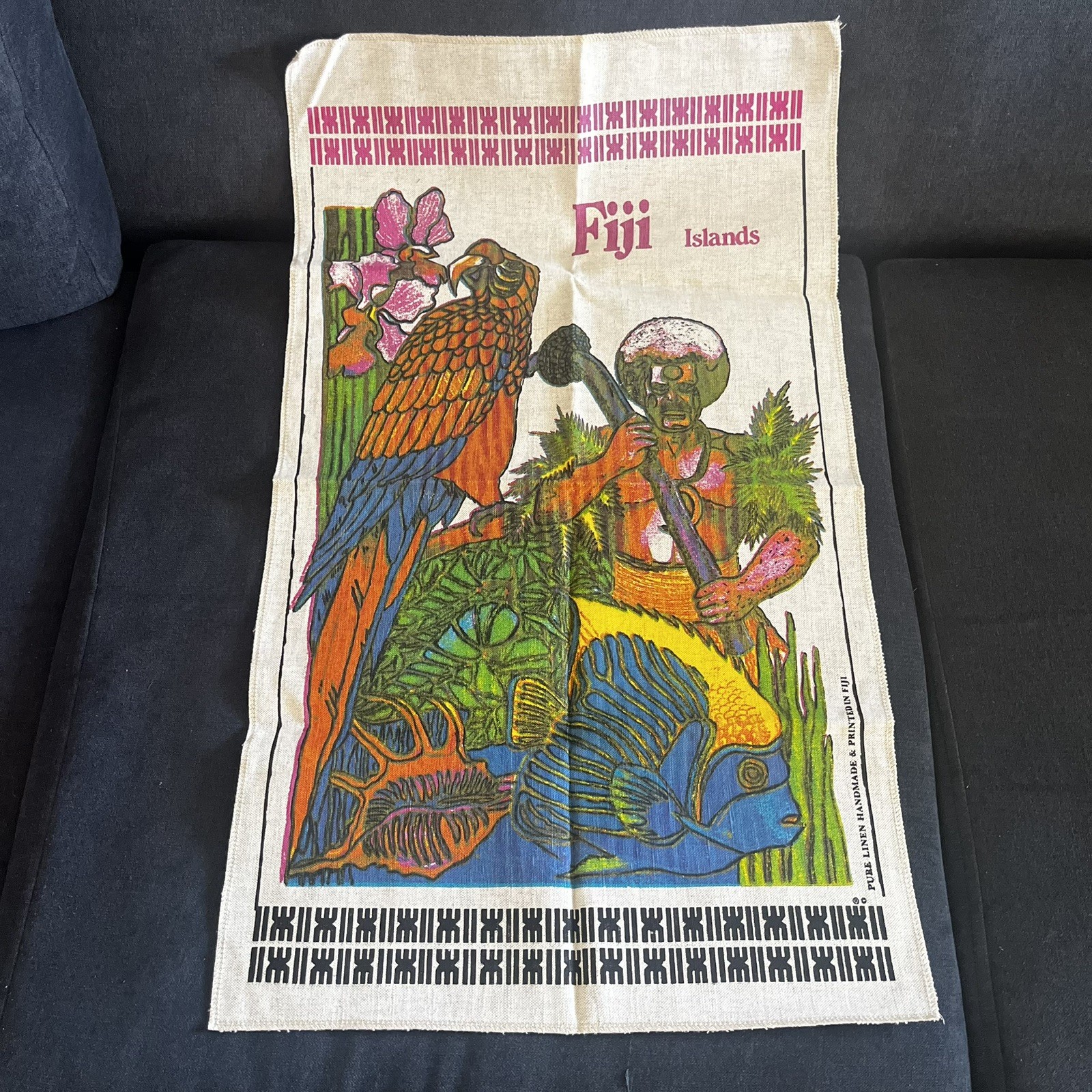 Towel Fiji Islands Pure Linen Tiki Tropical Bird Flower Hand