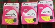 Leggs Everyday ONE SIZE Knee Highs 10 PAIR Sheer Toe Jet Black Lot Of 3