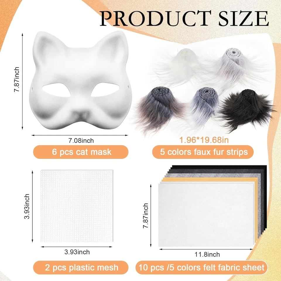 DIY Therian Mask Kit Blank Cat Mask with Felt Fabric Sheet Plush Faux Fur Eye Me - Image 2 of 4