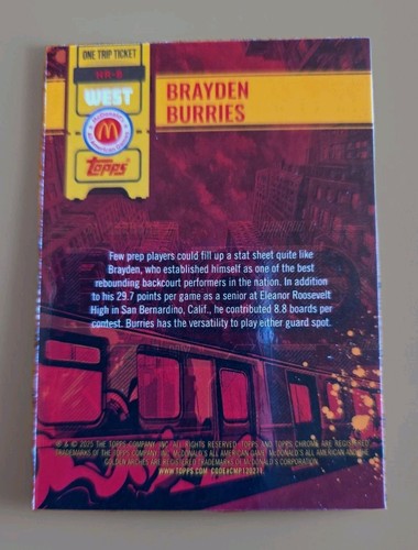 Brayden Burries 2025 Tops Chrome McDonald’s Blue RayWave One Trip Ticket - 第 2/2 張圖片