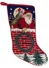 Vintage Wool Needlepoint Christmas Stocking Santa Down the Chimney   