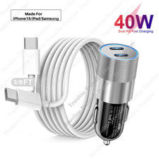 40W Car Fast Charger Adapter Dual Type C PD Cable For iPhone 15/Pro Max/Samsung