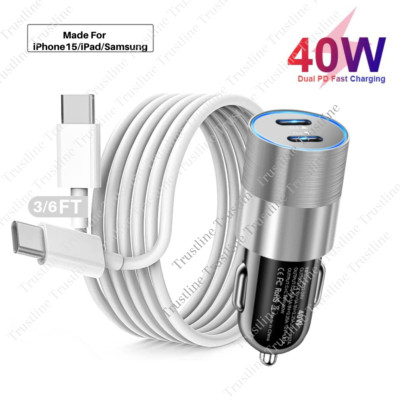 40W Car Fast Charger Adapter Dual Type C PD Cable For iPhone 16 15/Pro Samsung