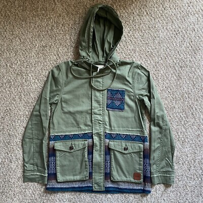 Roxy Jacket Womens Small S Parka Utility Green Hooded Full Zip Snap Boho