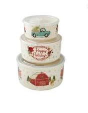 Pioneer Woman Holiday Serving Bowl Set With Lids Cheerful Rose New In Box