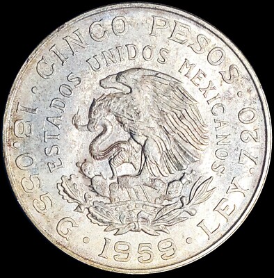 1859 - 1959 MEXICO SILVER COIN - 5 PESOS CARRANZA CENTENNIAL