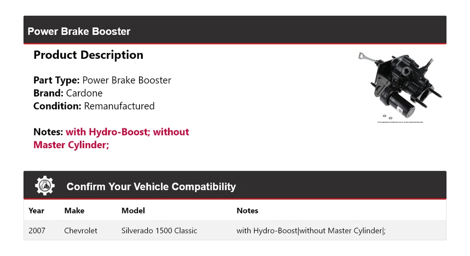 Chevrolet Silverado 1500 2007 Classic Power Brake Booster Cardone Foto 2 de 3