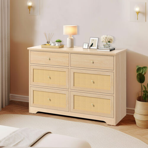 32 inch Rattan Dressers & Chests of Drawers 6 Drawers Modern Closet Dresser