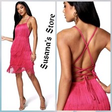 NWT BEBE SIZE M FRINGE LACE UP BACK BODYCON MINI DRESS Attractive & Sexy