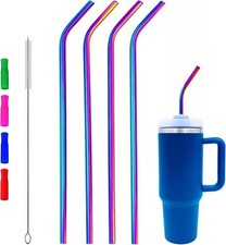4 Pack 14" Extra Long Reusable Colorful Stainless Steel Metal Bent Straw for ...