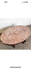 Chinese Rosewood Hand Carved Pink Marble Top Oval Coffee Table
