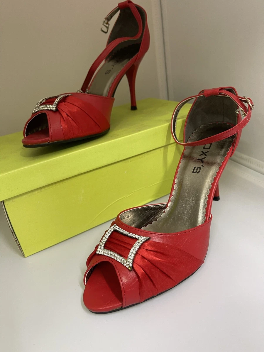 Red high hotsell heels with rhinestones