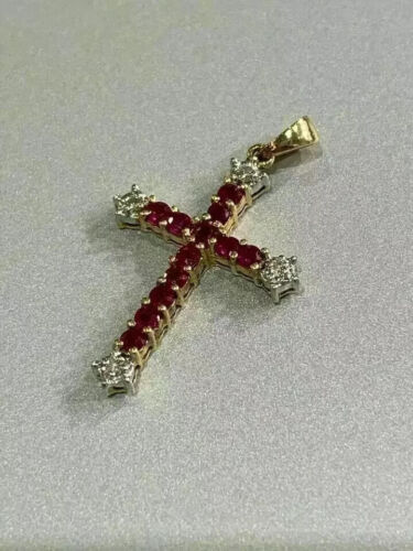 2.20Ct Round Cut Red Ruby Diamond Cross Pendant Necklace 14K Yellow Gold Finish - Picture 2 of 5