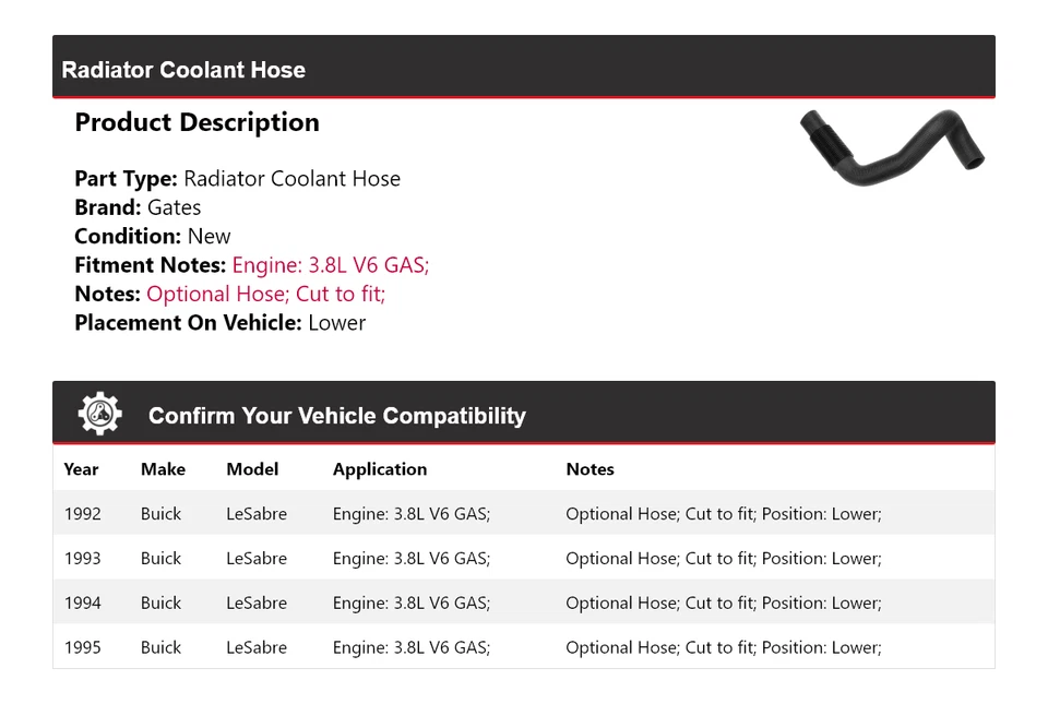 Manguera de refrigerante de radiador de gas V6 3,8 L Buick LeSabre 1992-1995 puertas inferiores 1993 Foto 2 de 4