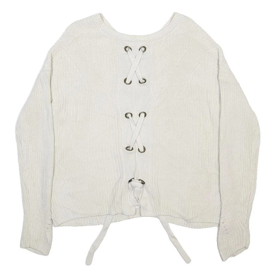 LUCKY BRAND Pull Femme Blanc Uni Col Rond En Maille Côtelée Lacet Au Dos - Photo 3/4