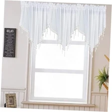  Sheer Voile Ascot Curtain Valance Panels with Beaded Tassel Rod Pocket 3 White